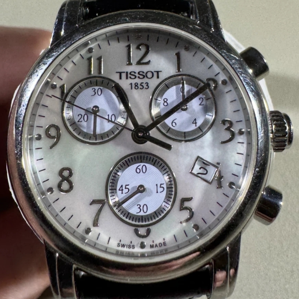 Tissot Dressport MOP Chronograph Watch Sapphire Crystal Black Leather Strap